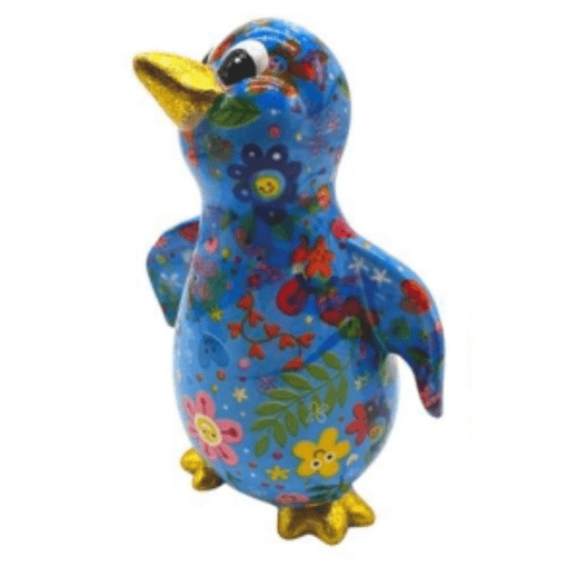 Tirelire - Paco le pingouin - Bleu aux motifs fleurs - Taille M - Pomme Pidou