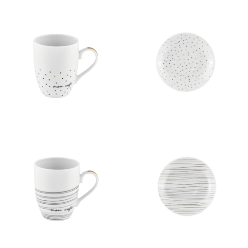 Set de 4 tasses et 4 soucoupes - Modèle DECORA - Gamme "Black & white" - Derrière La Porte