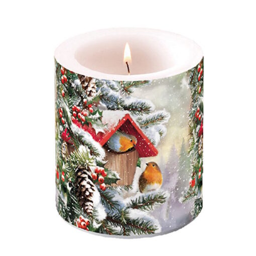 Bougie de Noël - Moyen format - House with robins - Ambiente Europe B.V