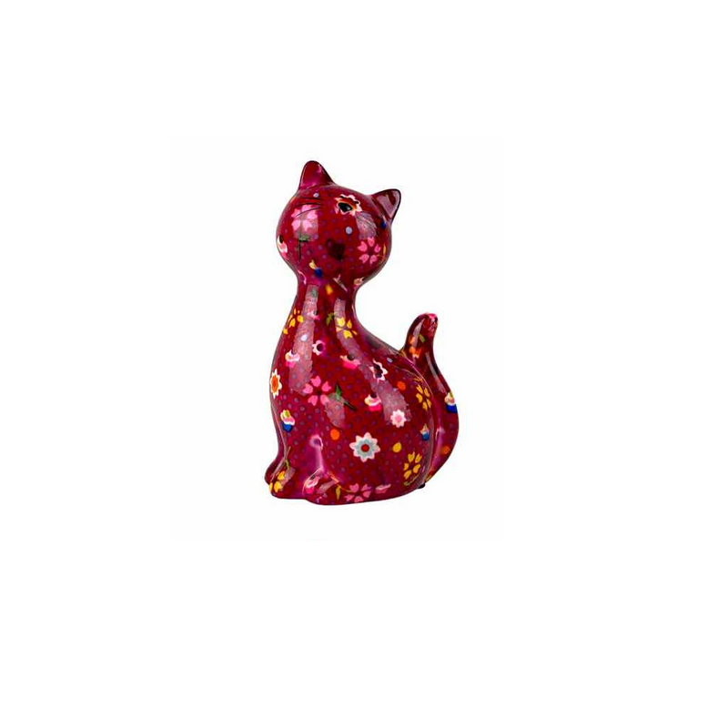 Tirelire - Caramel le Chat - Taille Standard 17 x 10.5 x 8.5 cm - Rouge fleuri - Pomme Pidou