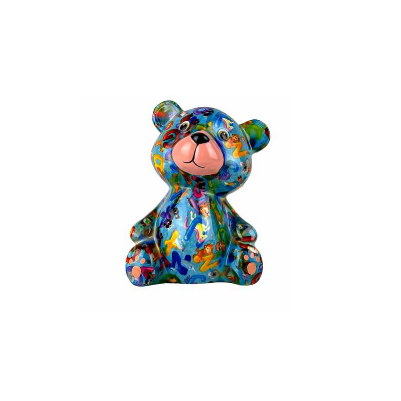 Tirelire - Toto l'ours - Taille Standard 15 x 12 x 9 cm - Bleu et alphabet - Pomme Pidou