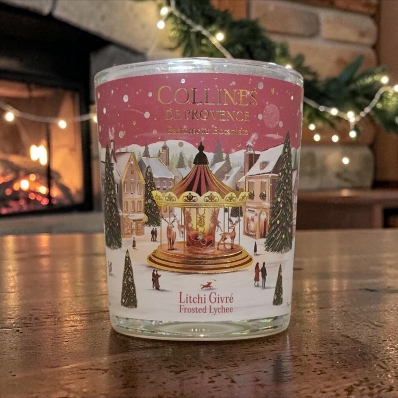 Bougie parfumée scintillante de Noël, 75gr, senteur "Litchi givré", de Collines de Provence