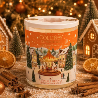 Bougie parfumée scintillante de Noël, 180gr, senteur "Cannelle-orange", de Collines de Provence