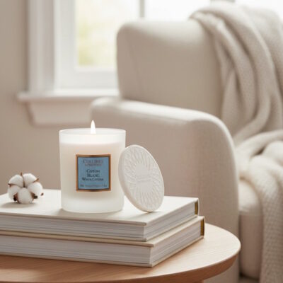 Bougie parfumée 180gr, senteur Coton Blanc, de Collines de Provence - Gamme Les naturelles Coton Blanc